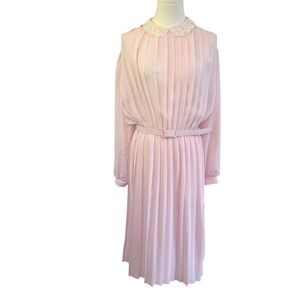 Vintage Pink Pleated Lace Collar Midi Dress Belted Secretary Soft Girl 14P USA